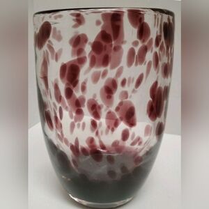 Vintage Art Glass Clear Amethyst Tortoise Shell Hand Blown Vase 7"× 4.25"